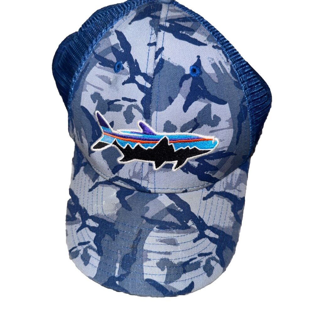 RARE Patagonia P-6 Blue Camo Trucker Hat Trout with Mountains